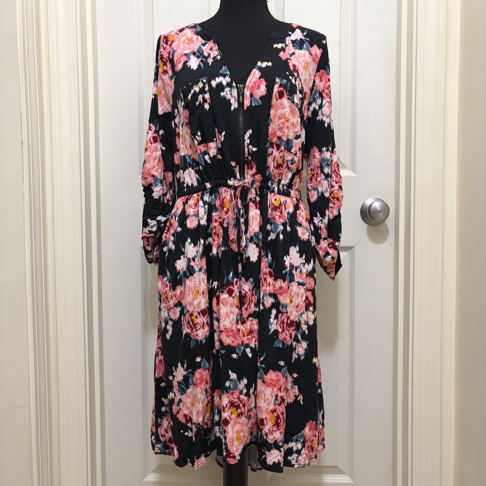 Torrid Floral Half Zip Drawstring Waist Midi Dress Pink Black Plus Size 1 Fall